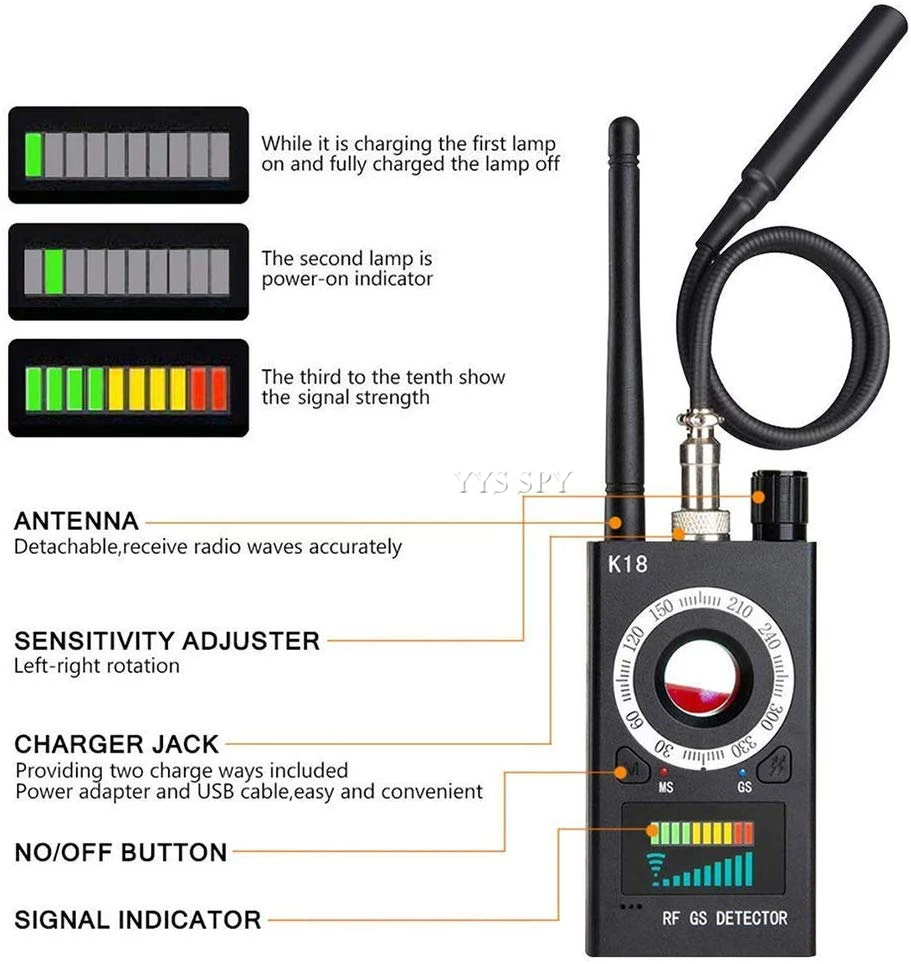 RF Signal Hidden Camera Detector Anti Spy Candid Pinhole Camara Magnetic GPS Locator Wireless Audio GSM Bug Finder K18 Scanner