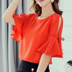 Womens Blouses Office Casual O Neck Flare Sleeve Off Shoulder Slim Shirts Summer Blouse 2020 Streetwear Red Top Blusas