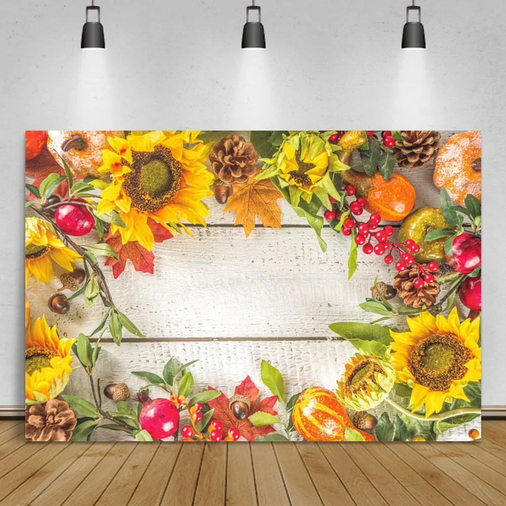 

Laeacco Sunflower White Wooden Boards Photography Backdrop Autumn Fruit Baby Portrait Photocall Scenic Poster Photo Background