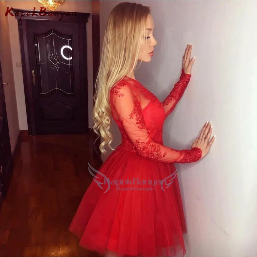 Vermelho mangas compridas tule curto vestido de baile scoop pescoço até o joelho renda vestido de festa feito sob encomenda