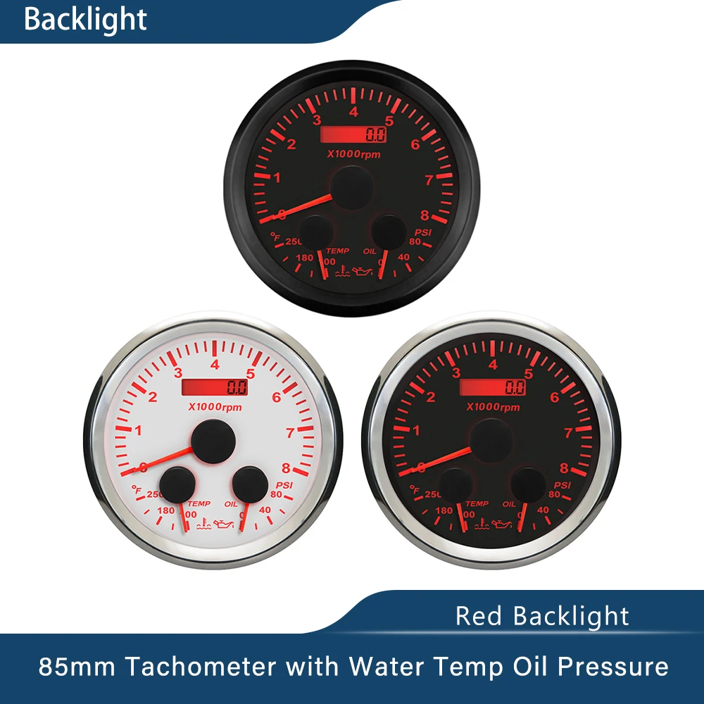 85mm Multifunction 60 MPH Speedometer Tachometer Water Temp Oil Pressure 80 PSI 5 Bar 10 Bar With Red Backlight for Car Boat