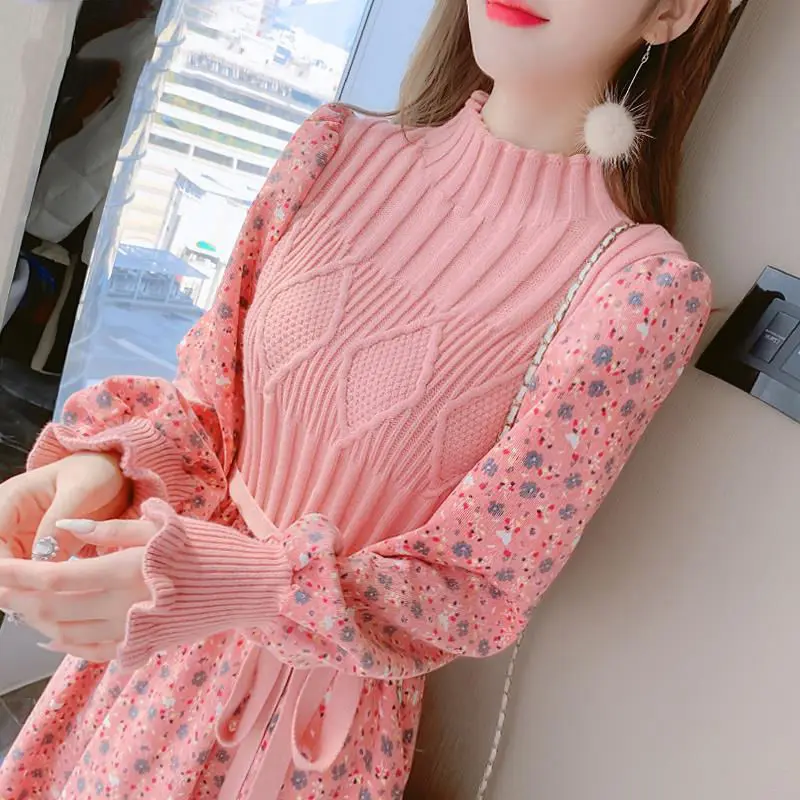 Women\'s Knitted Dress Autumn Winter New Long SleeveCorduroy Floral Dress Female Elegant Sweater A-line Long Veatidos Belt H177