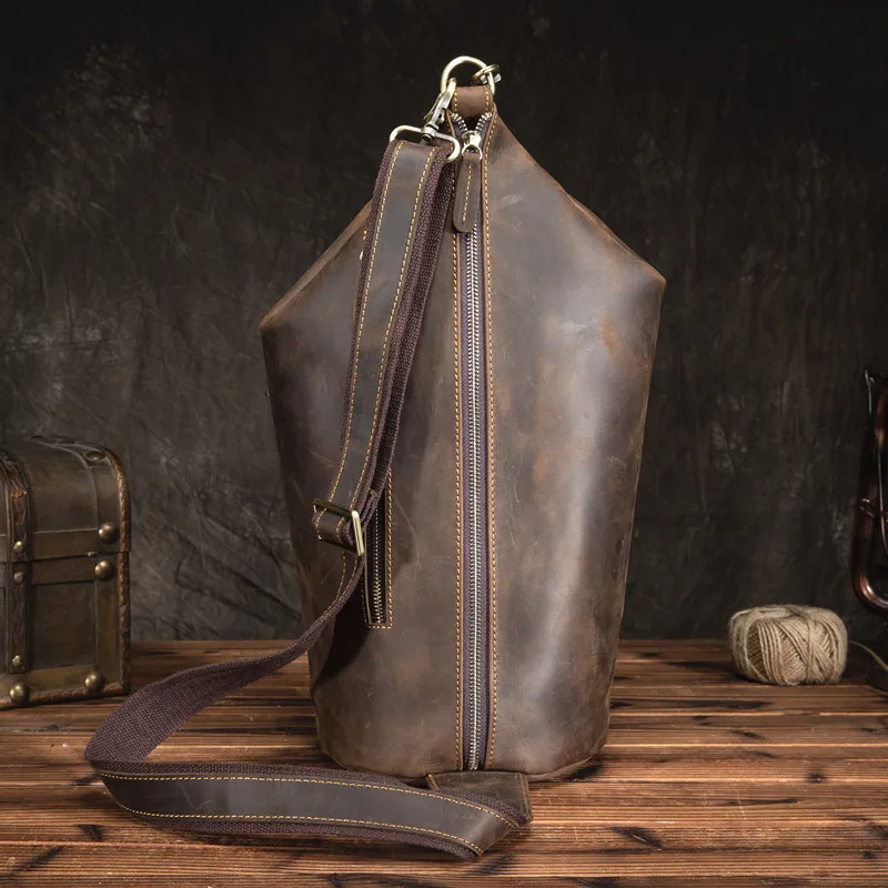 PNDME vintage cylinder design natural genuine leather men\'s chest bag fashion casual crazy horse cowhide shoulder crossbody bags