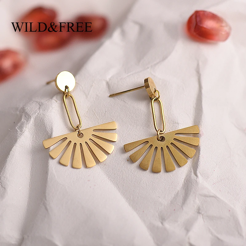 

Stainless Steel Geometric Dangle Earrings For Women High Quality Gold Plated Hollow Out Sector Leaf Bohemian Earrings Jewelry