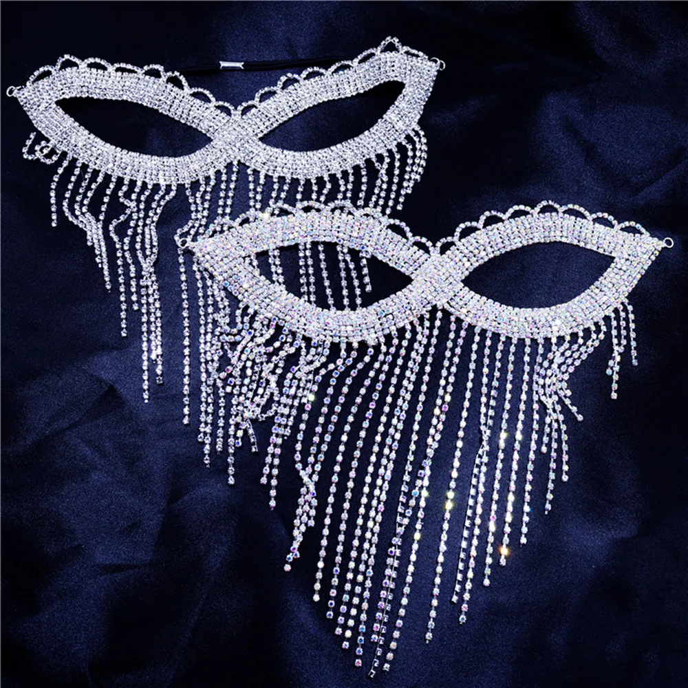 Luxury Belly Dance Rhinestone Long Tassel Face Veil Mask Jewelry for women Crystal Full Face Masquerade Mask Chain Accessories