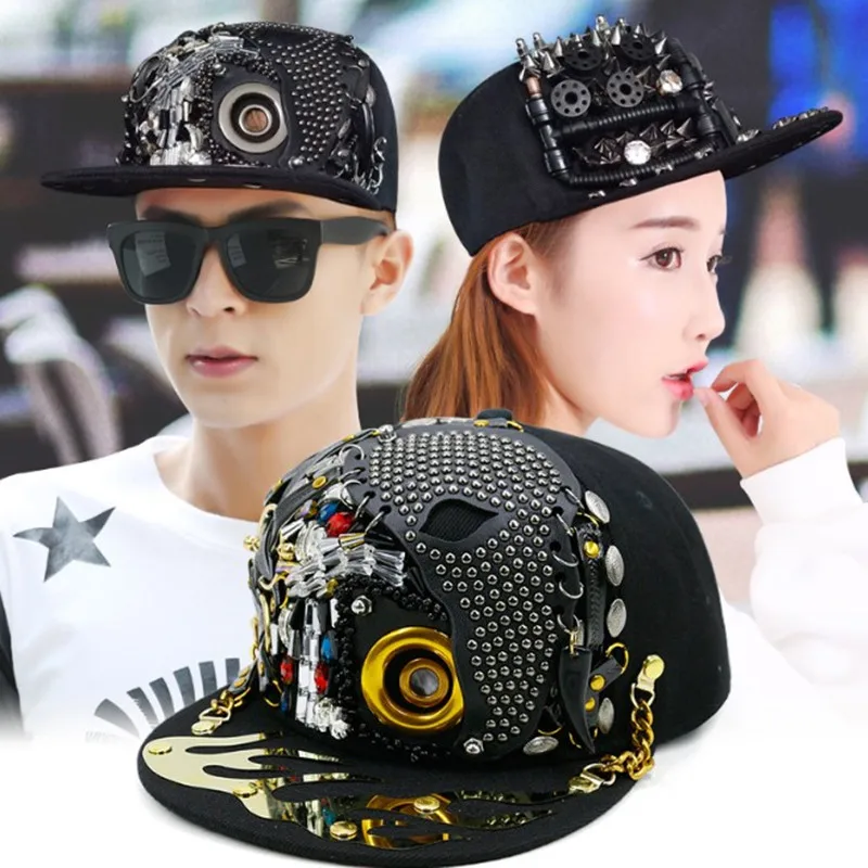 Novelty Personality Hip Hop Cap For Men And Women Punk Style Trend Flat Brim Cap Skull Rivet Headdress Decorated Lovers Hat