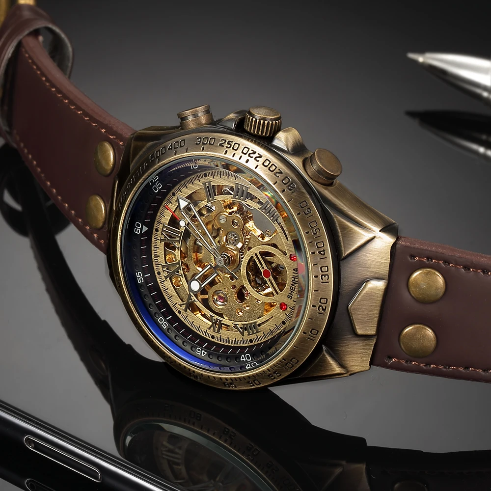 Relógio mecânico automático de esqueleto oco masculino, Steampunk Transparent Dial, couro marrom, relógios de pulso auto-enrolados