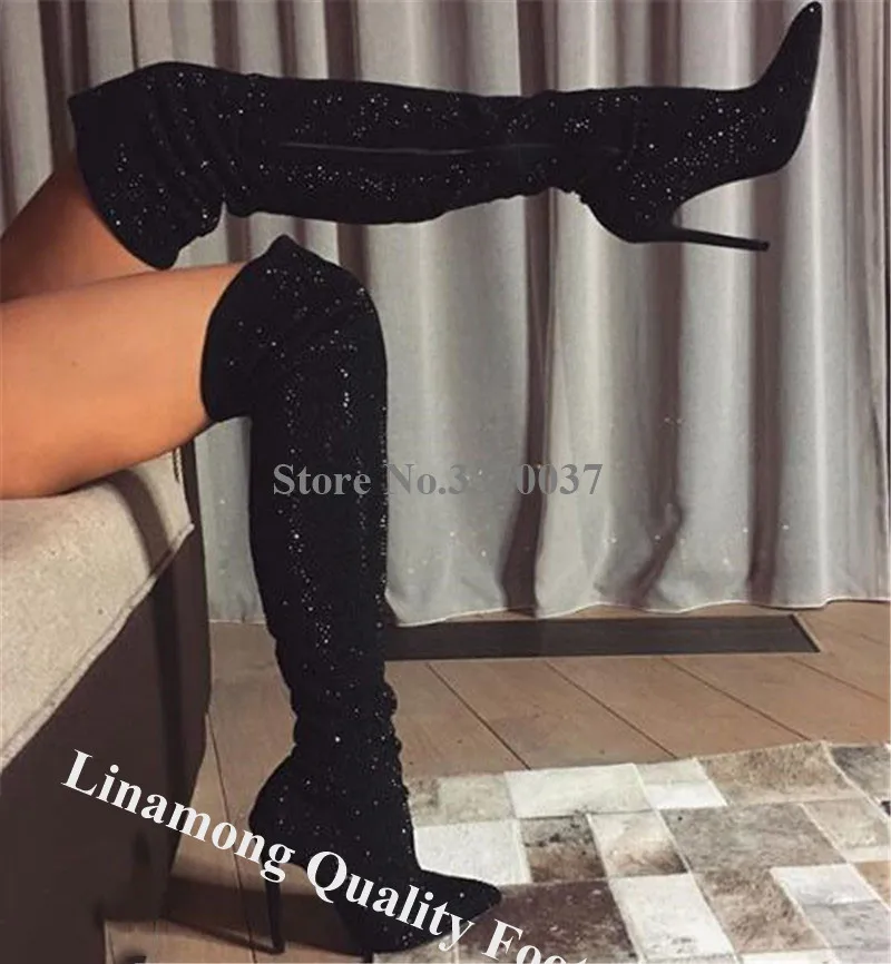 Linamong Bling Bling เซ็กซี่ Pointed Toe Black Rhinestone Stiletto รองเท้าส้นสูงกว่าเข่ารองเท้าคริสตัลยาวรองเท้าส้นรองเท้า