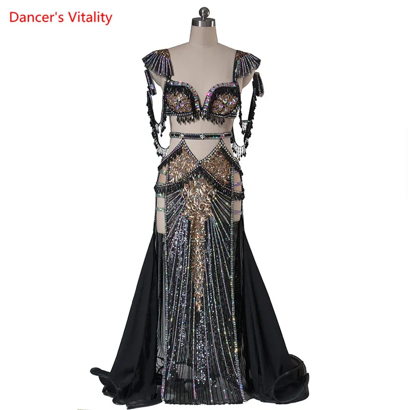 Belly Dance Suit Diamond Bra High Waist Split Skirt Performance Set High-End Custom Adult Child Competition Clothing Accessories