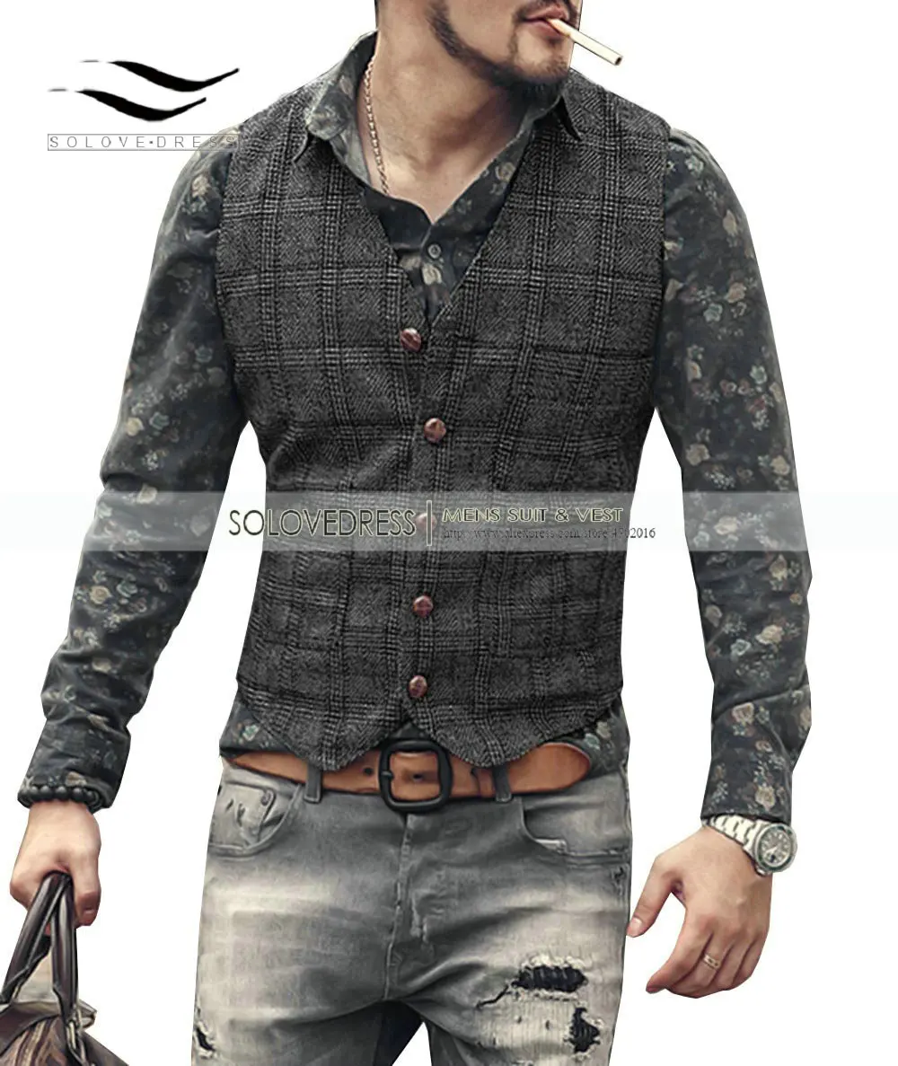 2022 Black Coffe Men Check Tweed Waistcoat Wool Vintage Casual Slim Fit Vest V-neck Business Gilet For Groomsmen Wedding