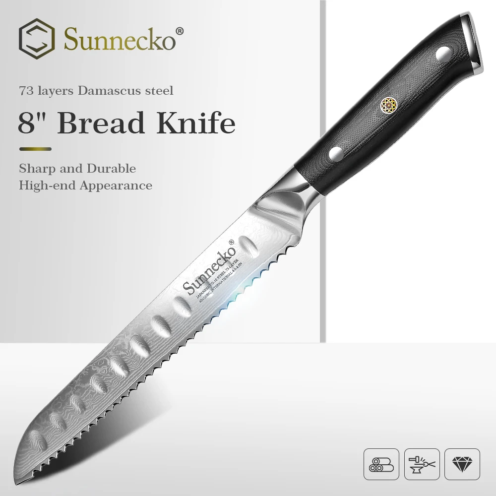 

SUNNECKO 8" Bread Knife 73 Layers Damascus Steel Japanese VG10 Core Blade Cake Slicing Cutter Chef's Kitchen Knives G10 Handle