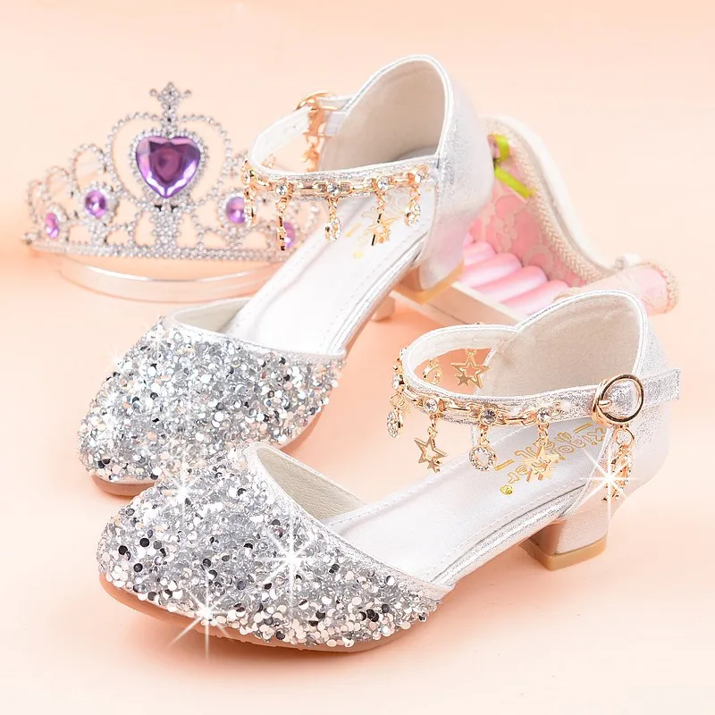 Kids Princess Girls Sandals Glitter Shiny Rhinestone Butterfly Student Party Dance Shoes  Children Summer High Heel