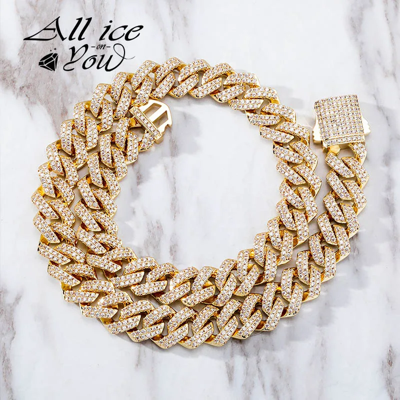 ALLICEONYOU 14mm Cuban Chain Necklace Iced Out Micro Pave Cubic Zirconia Gold Color Hip Hop Rock Jewelry For Men and Women Gift