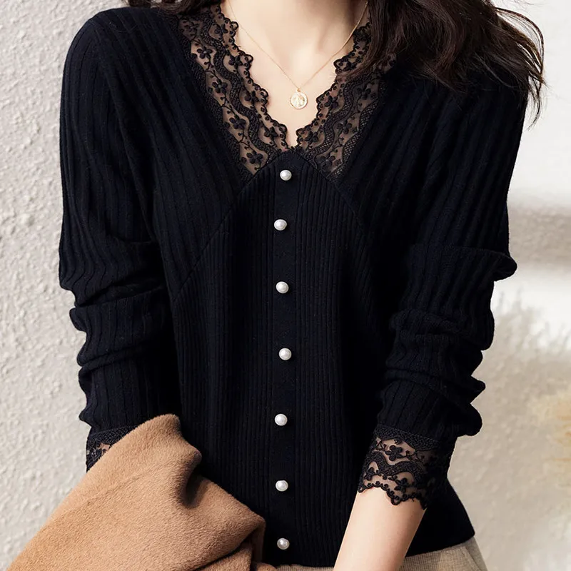 

Fashion Ladies V-neck Stitching Lace Knit Sweater Pure Color Chic Pullover Long-sleeved Bottoming Top Sweater Women's Clothing