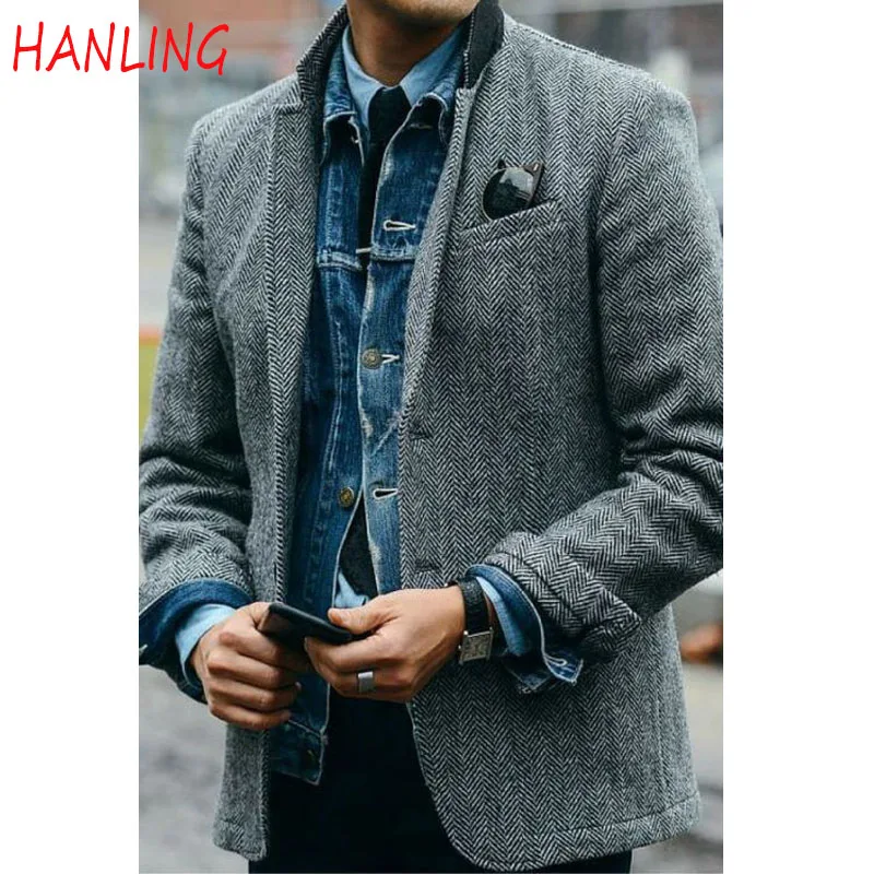 Men\'s Blazer Formal Slim Fit Jacket Winter Fleece Jacket Warm Coat Herringbone Blazer