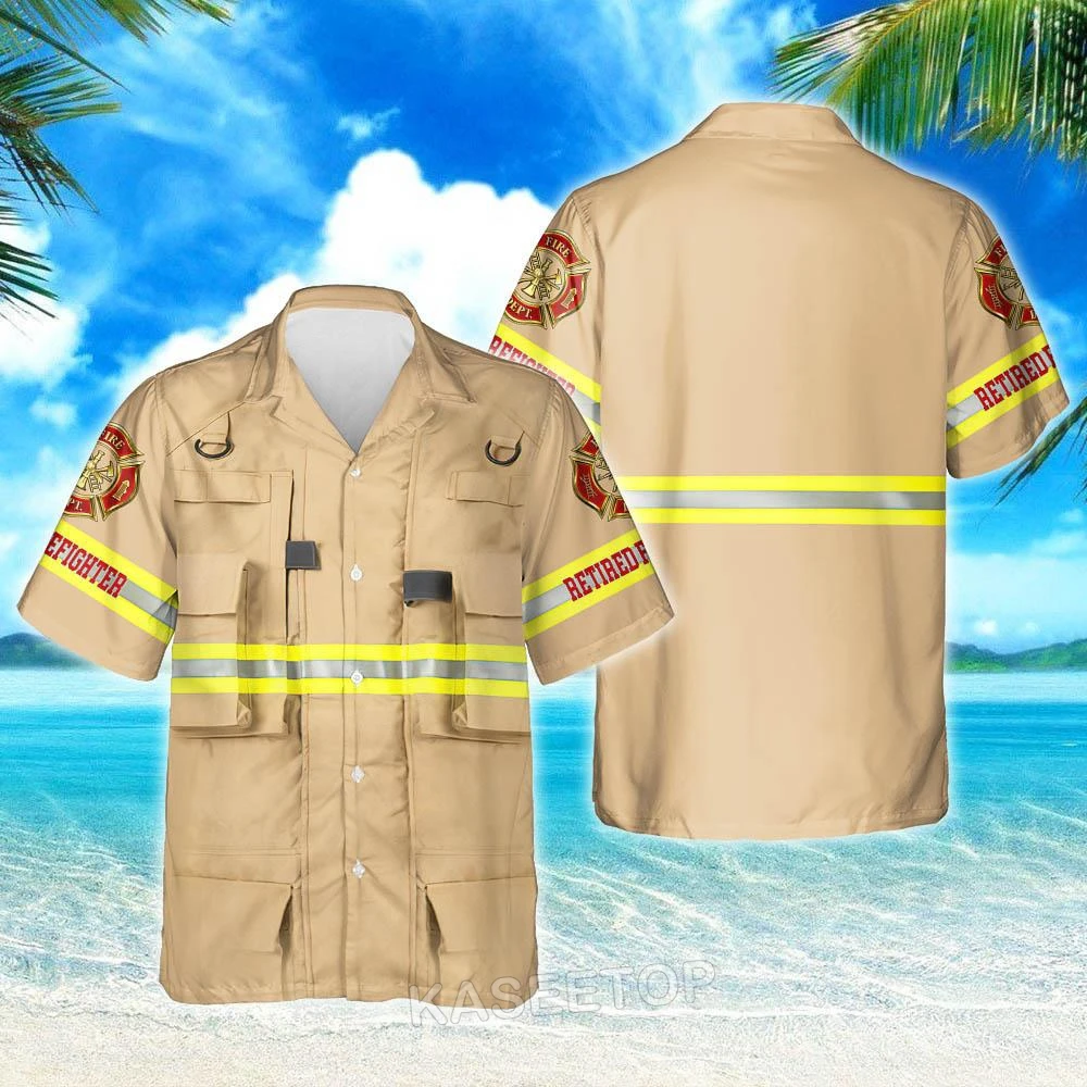 Summer Mens Beach Short Sleeve Retired Firefighter 3D Printed Hawaiian Shirt Casual Button Wild Blouses Oversize Streetwear Tops