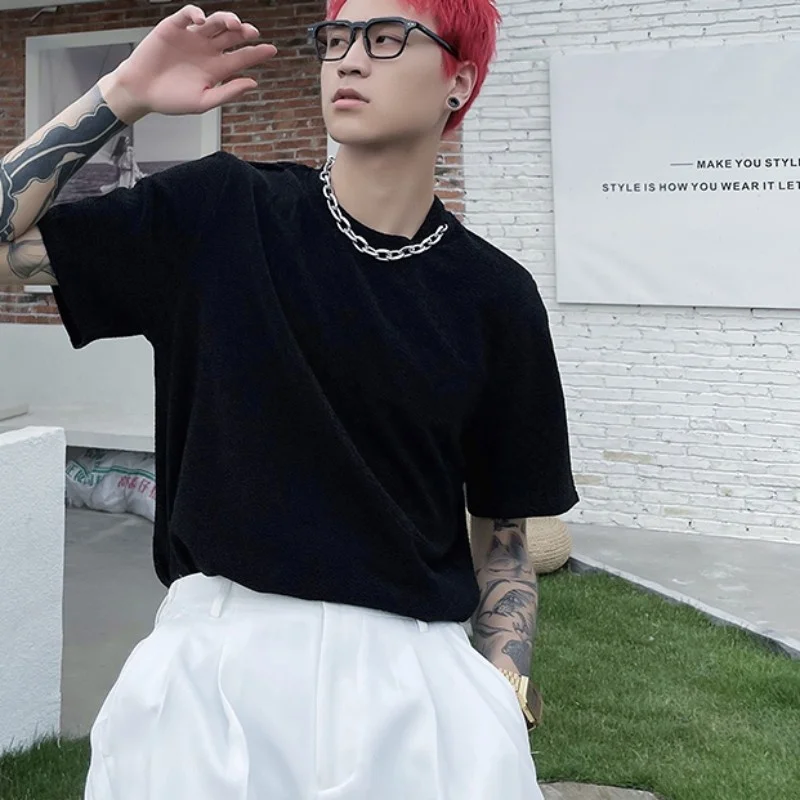 

Summer 2022 Mens T Shirt Gothic Design Chain O Neck Pullover Tees Male Solid Color Short Sleeve Loose Casual Tops Black T Shirts
