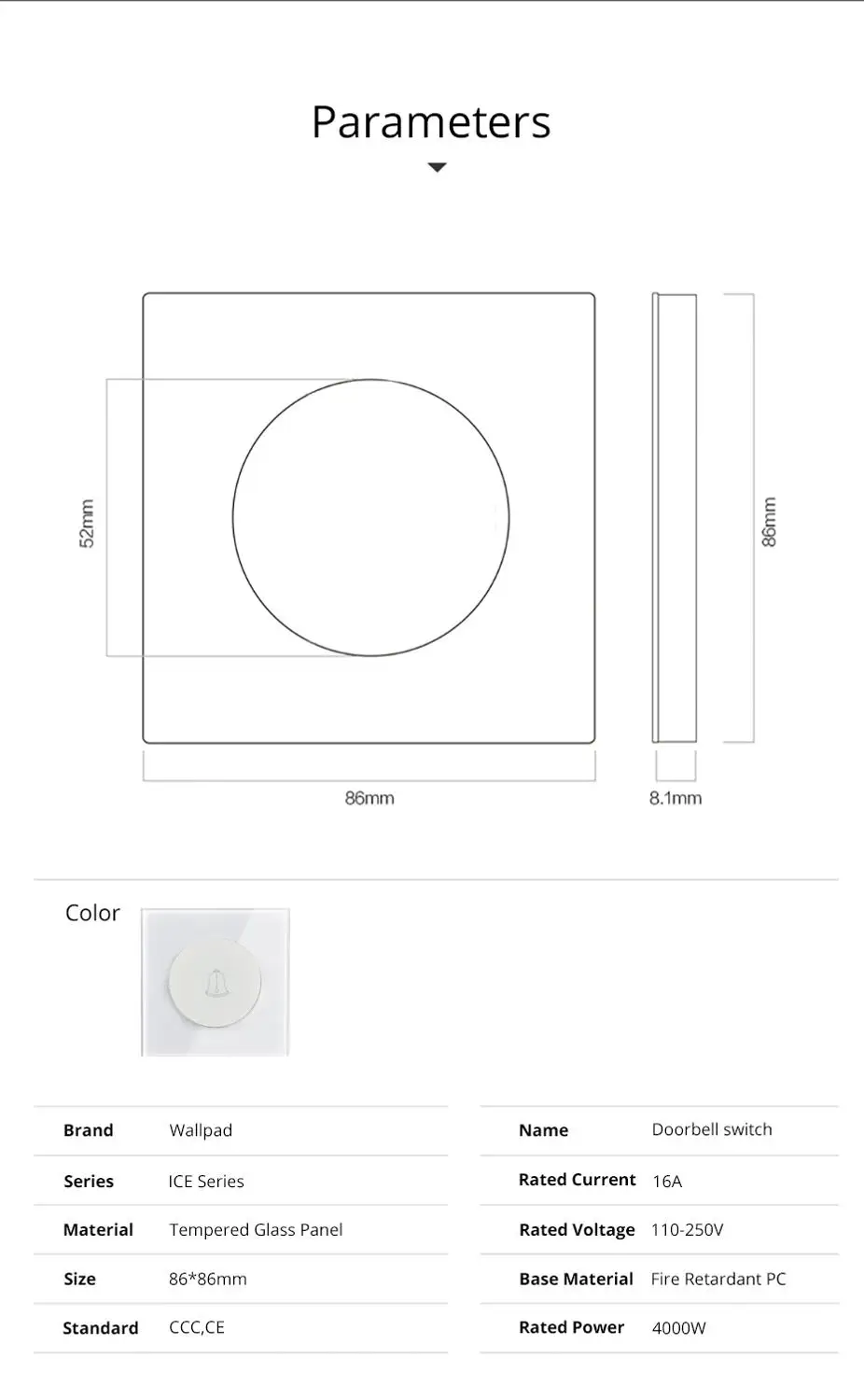 Wallpad L6 White 1 Gang Doorbell Bell Switch Push Button Glass Panel Single Frame