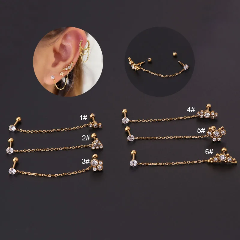 1PC 16g Stainless Steel Cz Double Hole Chains Separable Piercing Stud Earrings Back Srecw Back Stud for Women