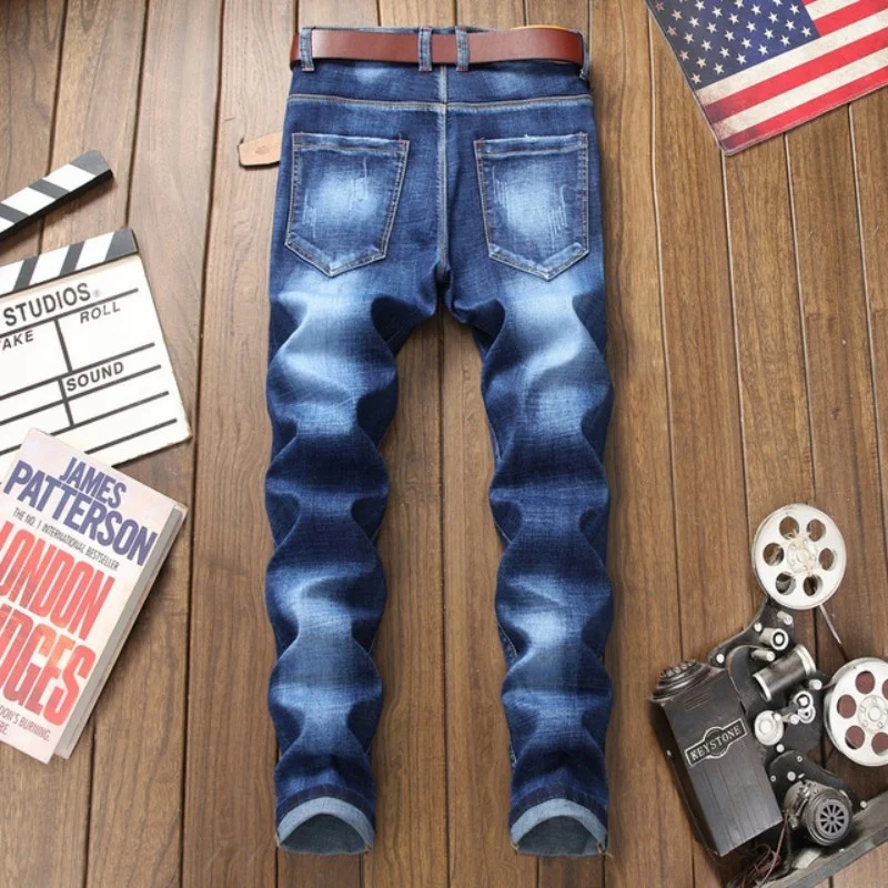 Embroidery Fashion Flower Bird Zipper Wash Jeans Men High Quality Slim Denim Pencil Pants Brand Large Size 29-38 Straight Pants