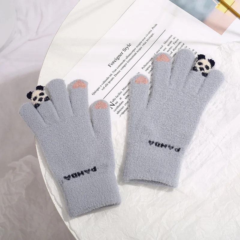 

Winter Men Women Touch Screen Warm Stretch Knit Sport Cycling Glove Cartoon Panda Bear Plus Plush Thicken Driving Mitten F76