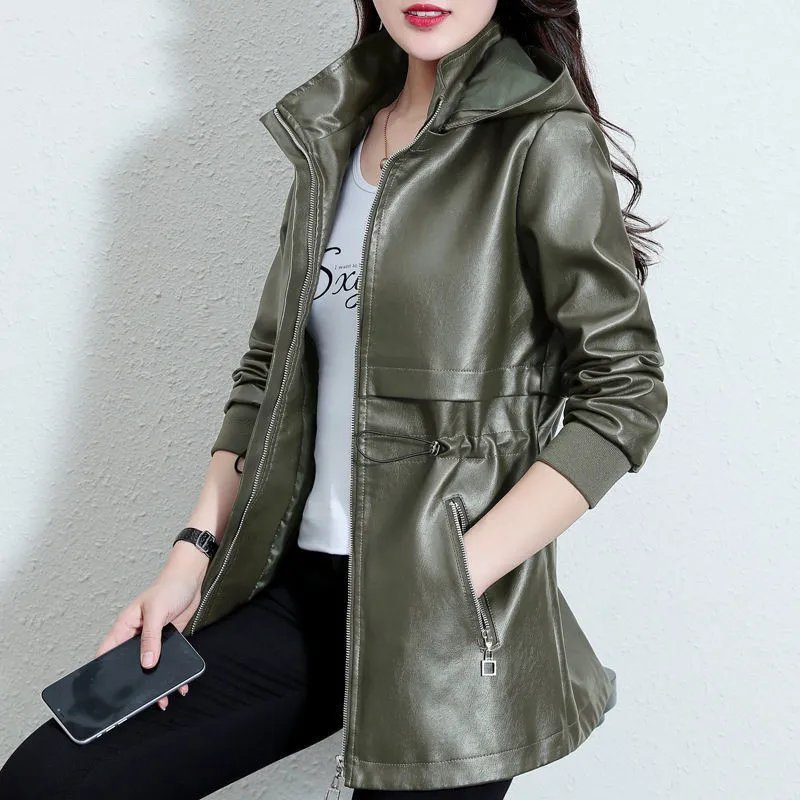 Women Large Size PU Leather Jacket 20201Autumn Winter Hooded Faux leather Coat Female Winter Add Velvet Warm Coats 4XLC1609