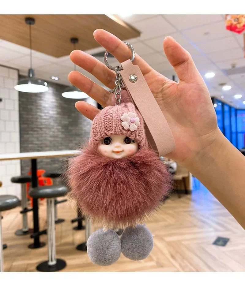 Pompom Smiling Doll Keychains Cute Fluffy Plush Doll Key Chain For