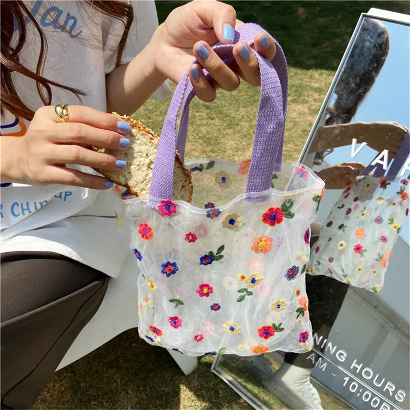 Minin Embroidered Light Clear Tote Bags Female Simple Shoulder Mesh Shipping Bags Floral Beach Eco Fruit Bag Purse for Girls New