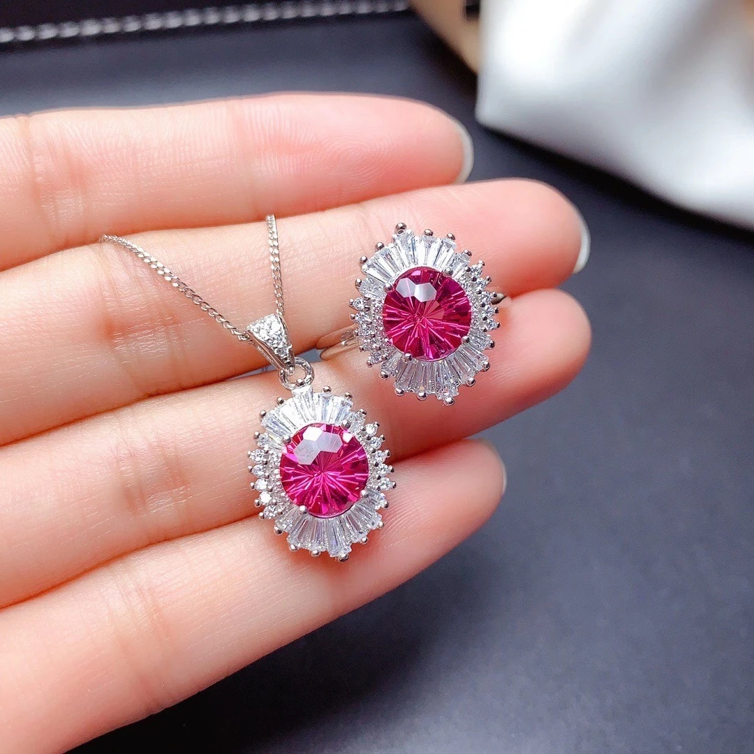 

charming pink topaz gemstone ring and necklace jewelry set 925 sterling silver natural gem girl party birthday present