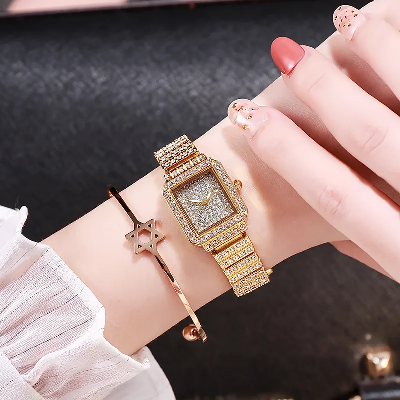 Luxury Watches for Women Cool Full Iced Out Gold Watch Women Rhinestone Wristwatch Oblong Shape Relojes Para Mujer Ladies Watch