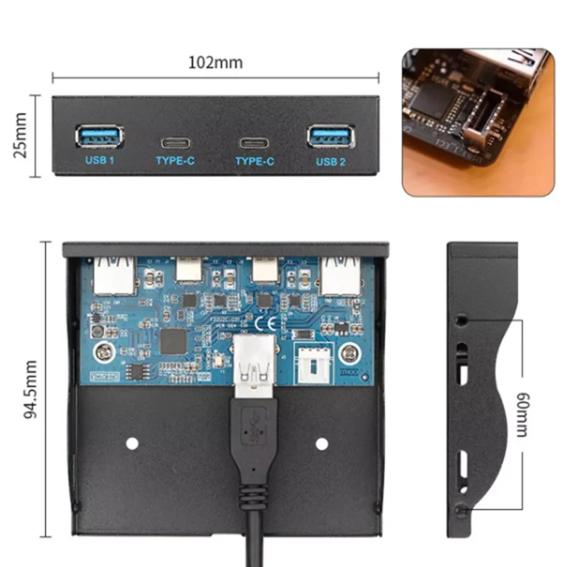 High-Quality 5Gbps USB 3.1 Front Panel Header to USB-C & USB 3.0 HUB 4 Ports Front Panel Motherboard Cable for 3.5