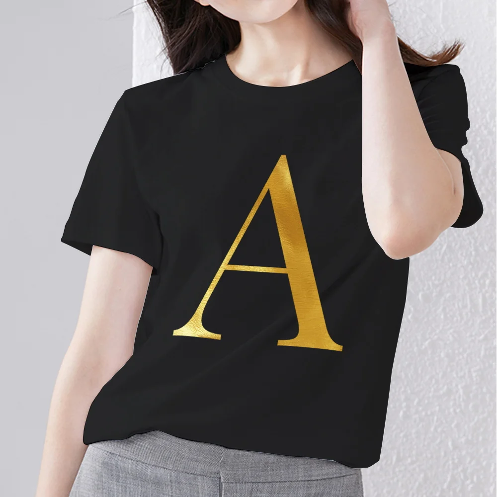 Street Women Clothing T-shirt Casual Slim Top Initial Name Gold Letter Print Ladies Fashion Round Neck Black Short Sleeve Top