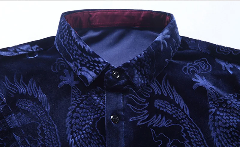 Yellow Chinese Dragon Jacquard Velvet Shirt Men Brand Slim Fit Long Sleeve Velour Dress Shirts Mens Casual Button Down Chemise