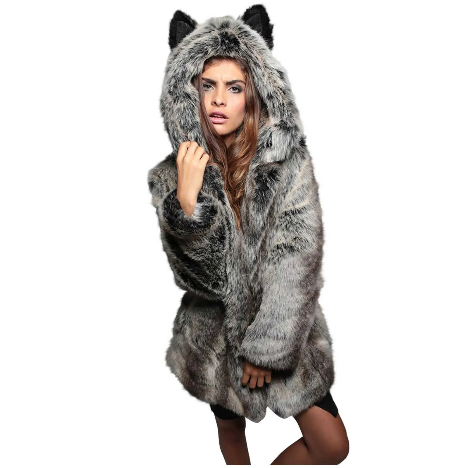 Women Fashion Coat Faux Hooded Warm Furry Splicing Jacket Long Sleeve Outerwear Faux Hooded Warm Furry Coat Женское пальто 2021