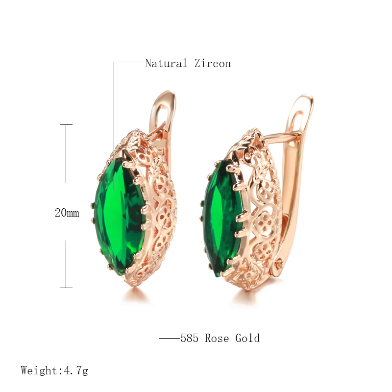 New 585 Rose Gold Green Red Oval Zircon Earring Hollow Carve Inlay Large Zircon Diamond Clip Earrings Women Wedding Fine Jewelry