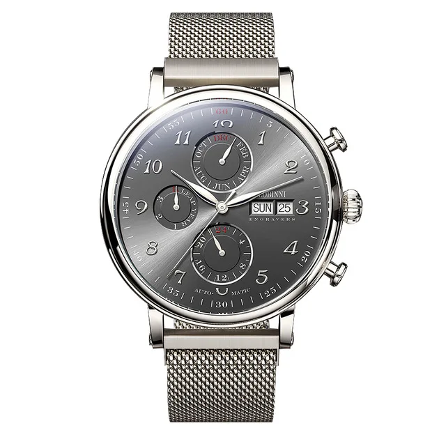 LOBINNI Mesh Steel Band Herren automatische mechanische Uhr Saphirglas wasserdichte Uhren Datum Woche Multifunktions-Armbanduhr 9