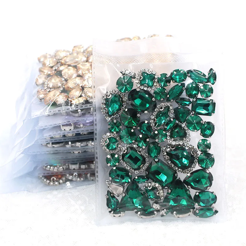 50pcs/Bag Peacock Green Mixed Shape Sew on Glass Rhinestone Silver Claw Crystal Buckle Diy Wedding Decoration Clothes/Shoe/Dress