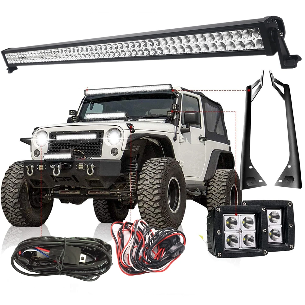 

Для Jeep Wrangler YJ 87-95 50-дюймовая светодиодная панель + 3X3 стручки рабочих фонарей + монтажный кронштейн на крышу + бесплатный жгут проводов YJ Set