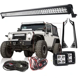 For 87-95 Jeep Wrangler YJ 50Inch LED Light Bar + 3X3 Pods Work Lights + Roof Mounting Bracket + Free Wire Harness YJ Set
