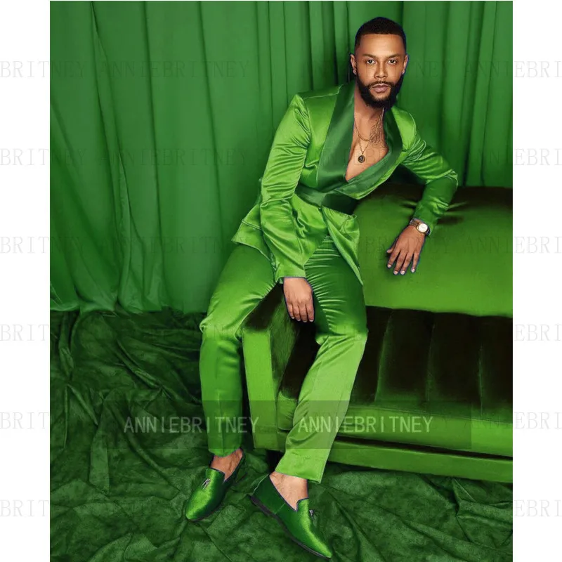 2021Top  New Arrive Green Satin Suit Men 2 Pieces  Belt Jacket Pants Tailor Slim Fit Wedding Groom Custom Party Dress Blazer Set