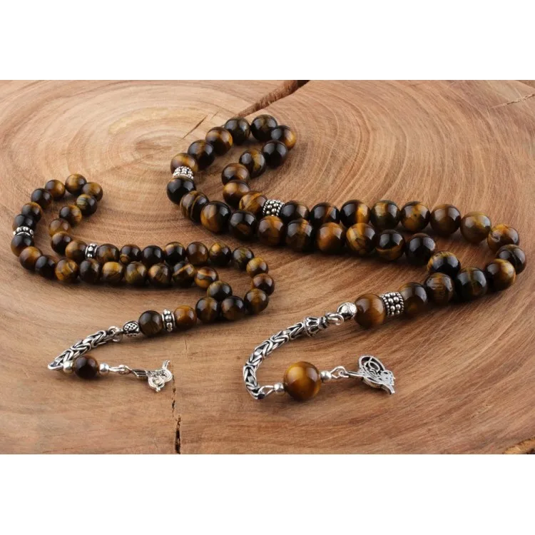 Pukka 33 Beads Tiger Eye Stone Father Son Rosary Muslim Prayer Tasbih High quality Handmade Misbaha Islamic Turkish Style Jewelry Subha Capsule Cut Pure 925 Sterling Silver Tassel