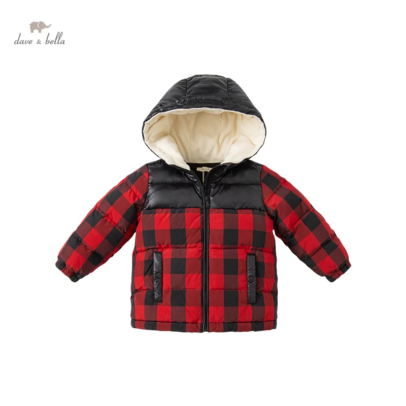 DB19816 dave bella winter baby boys fashion plaid hooded down coat children 90% white duck down padded kids boy jacket