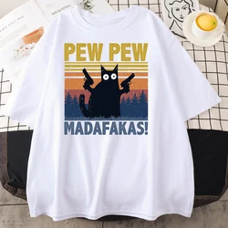 Pewmadafakas-男性用の黒の猫がプリントされたTシャツ,綿の衣類,個性的なヴィンテージのTシャツ,カジュアルなトレンド,半袖