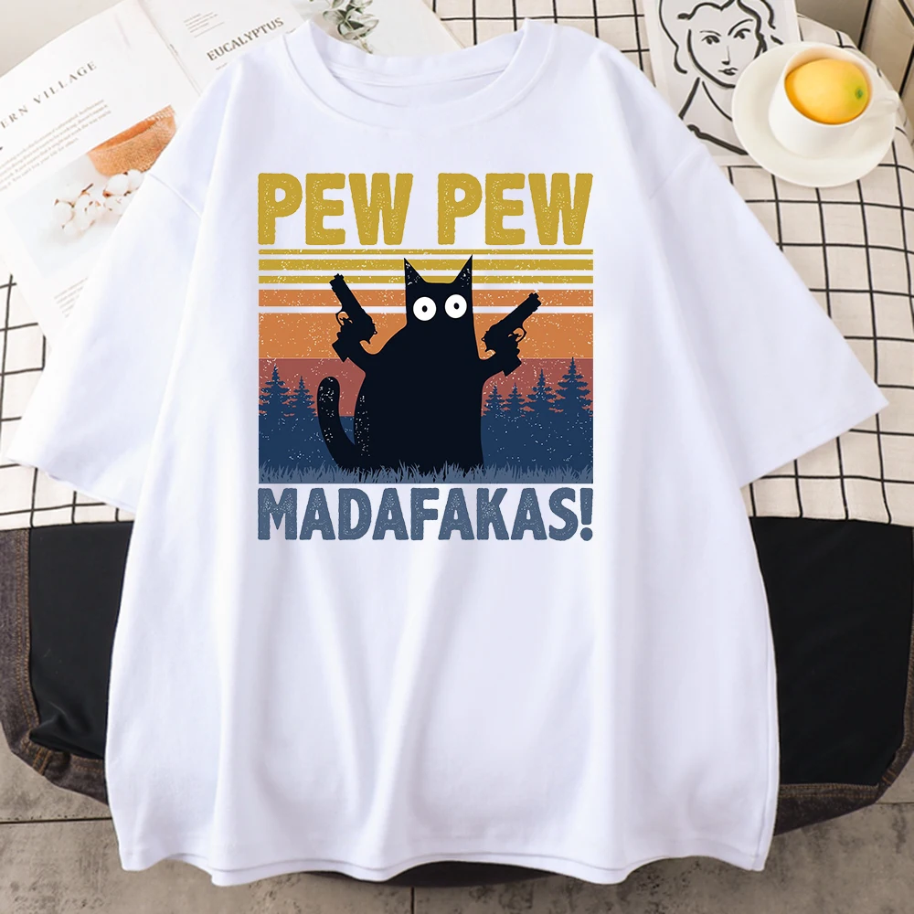 Pew Madafakas Black Cat Print Male Cotton Tee Clothing Personality Vintage Cotton T-Shirts Casual Trend Tops Mens Short Sleeve