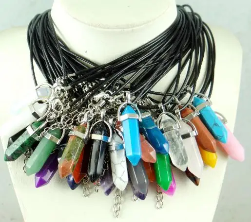 Натуральный камень лазурит опал аметист розовый кристалл камень шестиугольная колонна кулон ожерелья кожаные цепочки ожерелье модные украшения