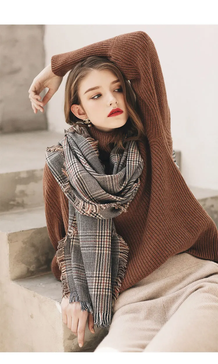 Designer Plaid Frauen Schal Wolle Hahnentritt Warme Lambwool Herbst Winter Schals schals luxus marke neck bandana pashmina Warps – Detail 11