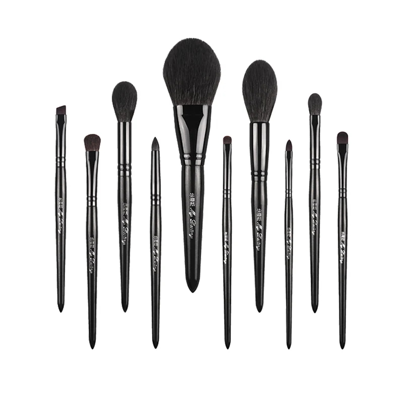 MyDestiny- Black Pearlized Makeup Brush Set 10 Pcs Natural Animal Hair Brush Include Eyeshadow Brush Powder Brush Lip Brush