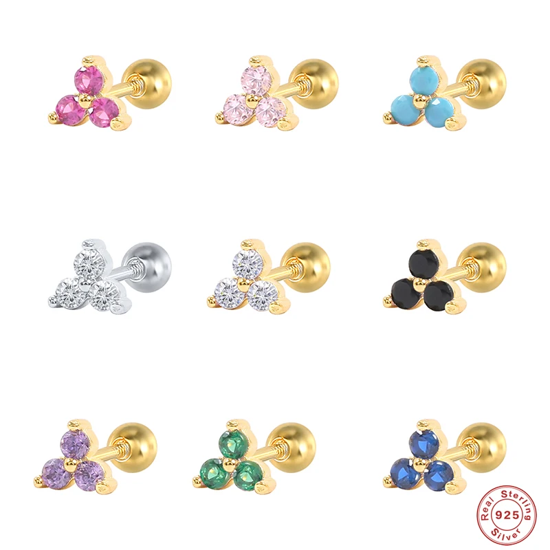 Aide 925 Sterling Silver Rainbow Zircon Stud Earrings For Women Three Round Crystal Floral Piercing Cartilage Ear Studs Jewelry