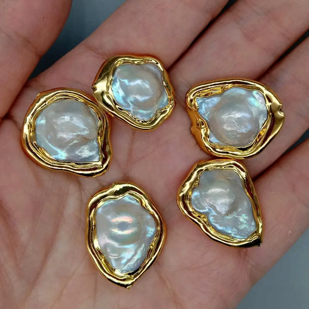 10 PCS Cultured White Keshi Pearl Flower Shape Beads Metal Bezel Connector