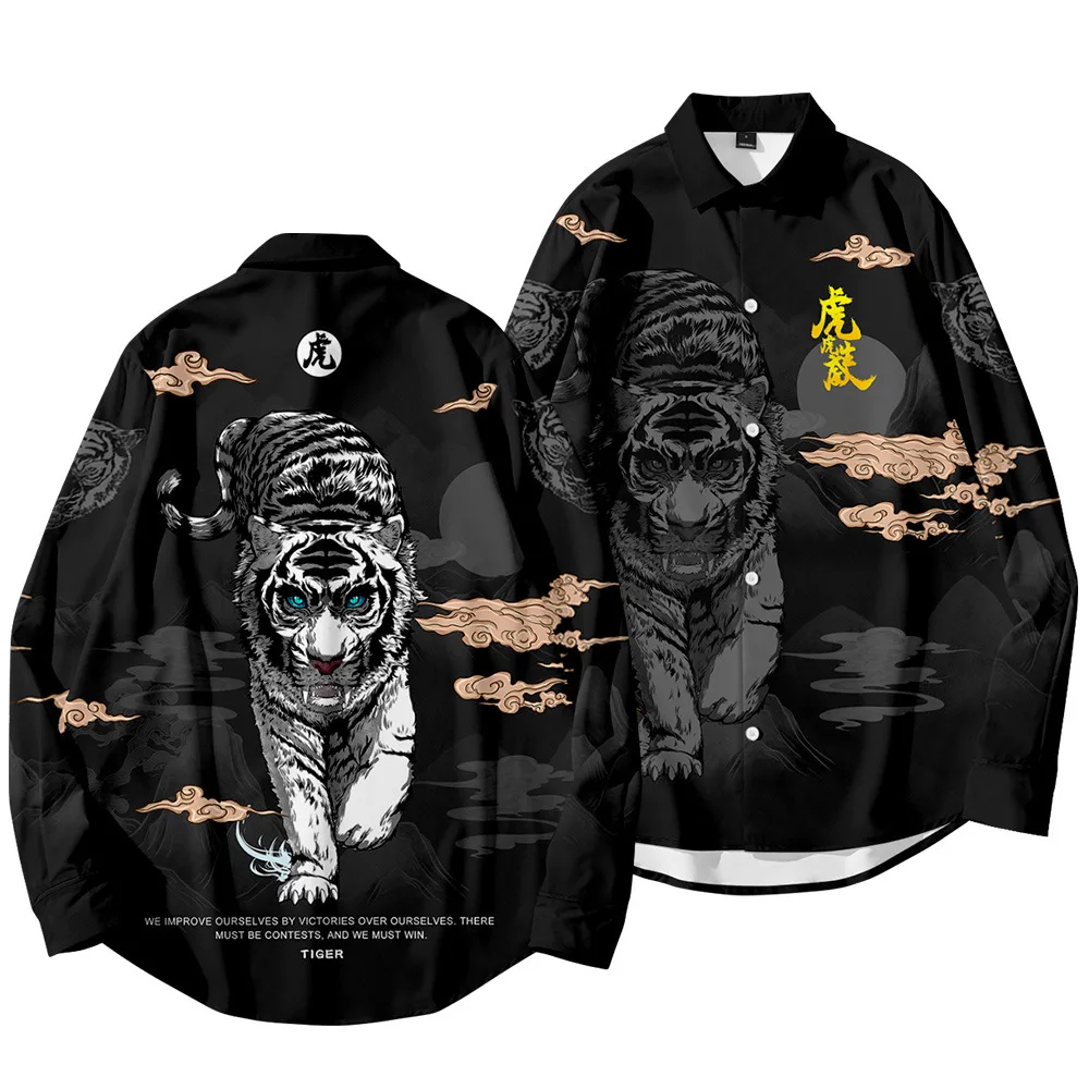 Men's Clothing Casual Fashion Black Tiger Printed Shirt Single-Breasted Cardigan Long Sleeve Turn-down-collar Shirt